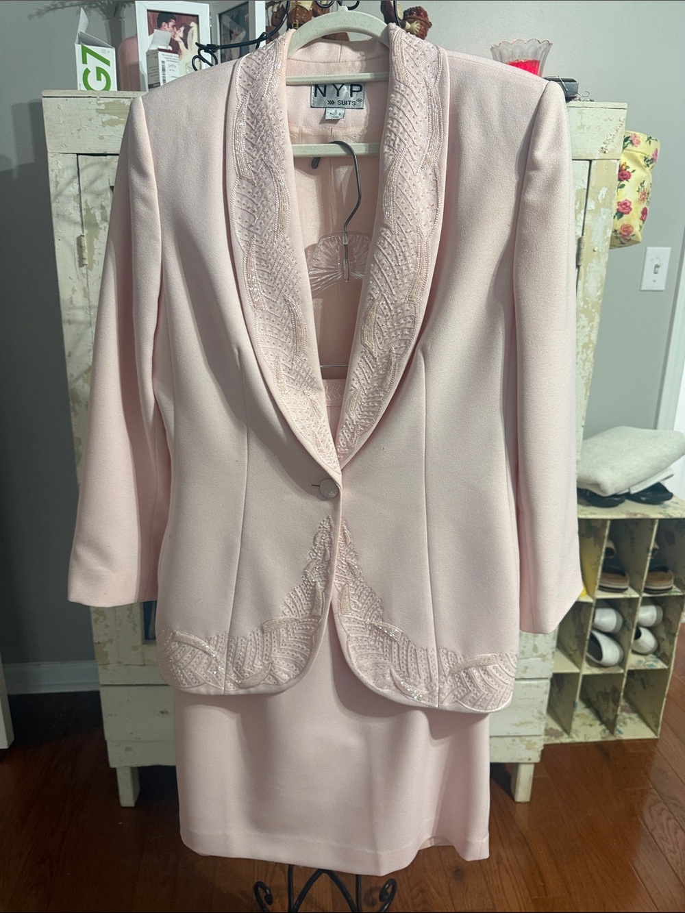 Sussan Pale Pink Embroidered Blazer and Skirt Set